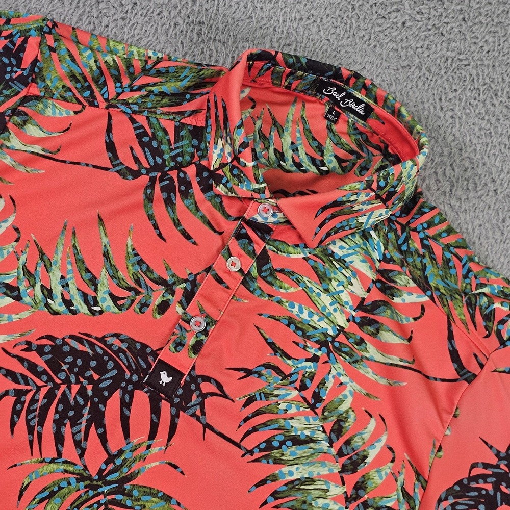 Bad Birdie Polo Shirt Mens Large Coral‎ Tropical Palm Print Golf Stretch Sport